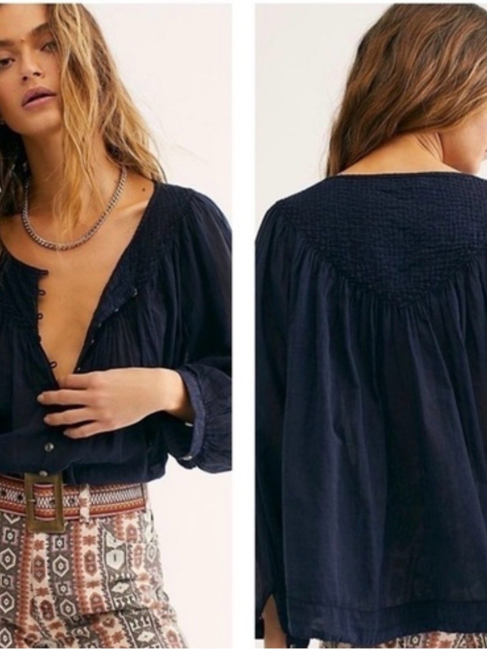 We The Free Navy Smocked Yoke Button-Down Blouse